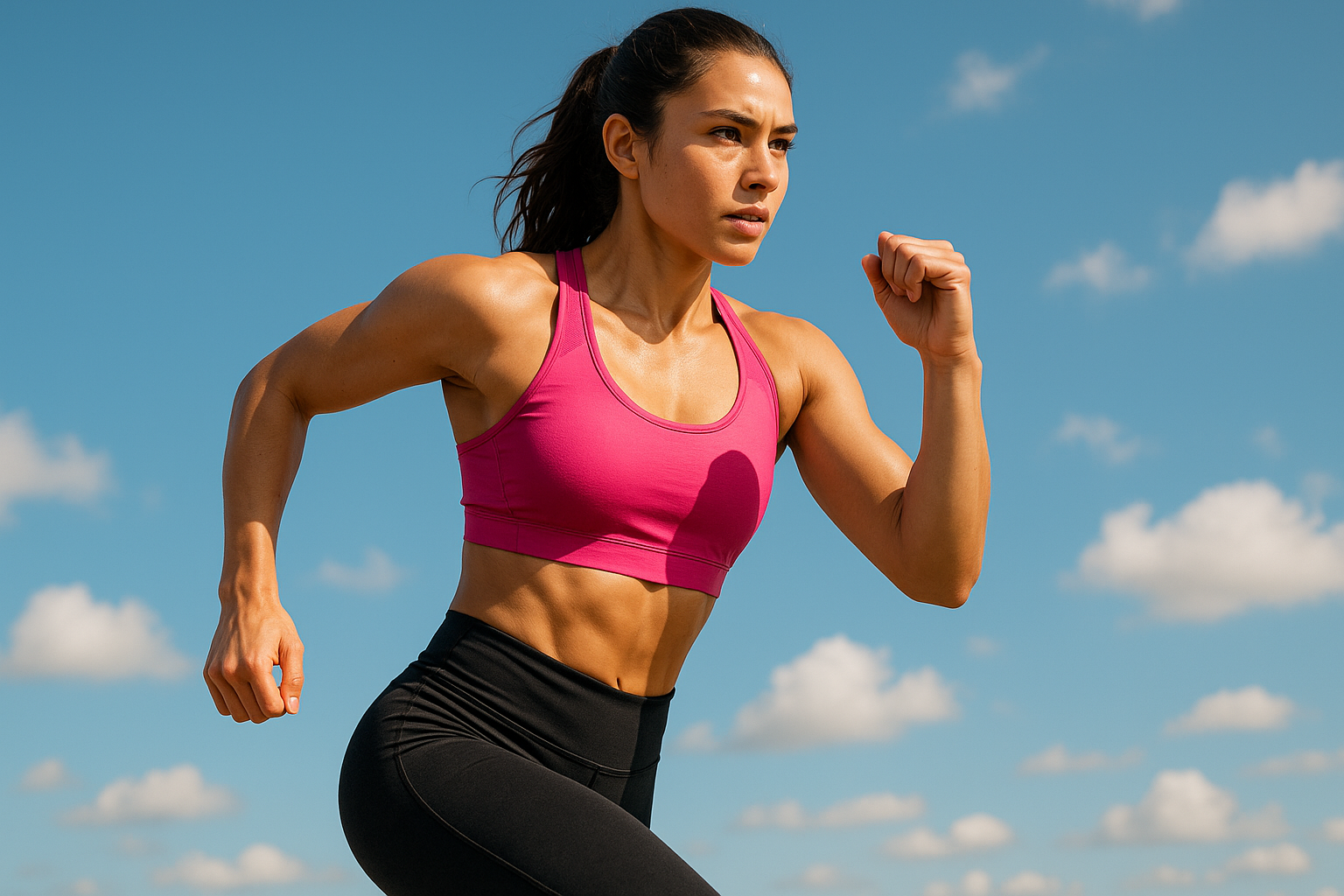 Atleta a treinar ao ar livre, estilo realista, fundo com céu azul vibrante e algumas nuvens leves. Mulher jovem, fit, em movimento (corrida ou treino funcional), expressão de foco e determinação. Roupa desportiva moderna e colorida (ex: top desportivo rosa, leggings pretas). Iluminação natural, cores vivas, composição limpa e profissional. Sem texto, sem botões, sem logótipos.
