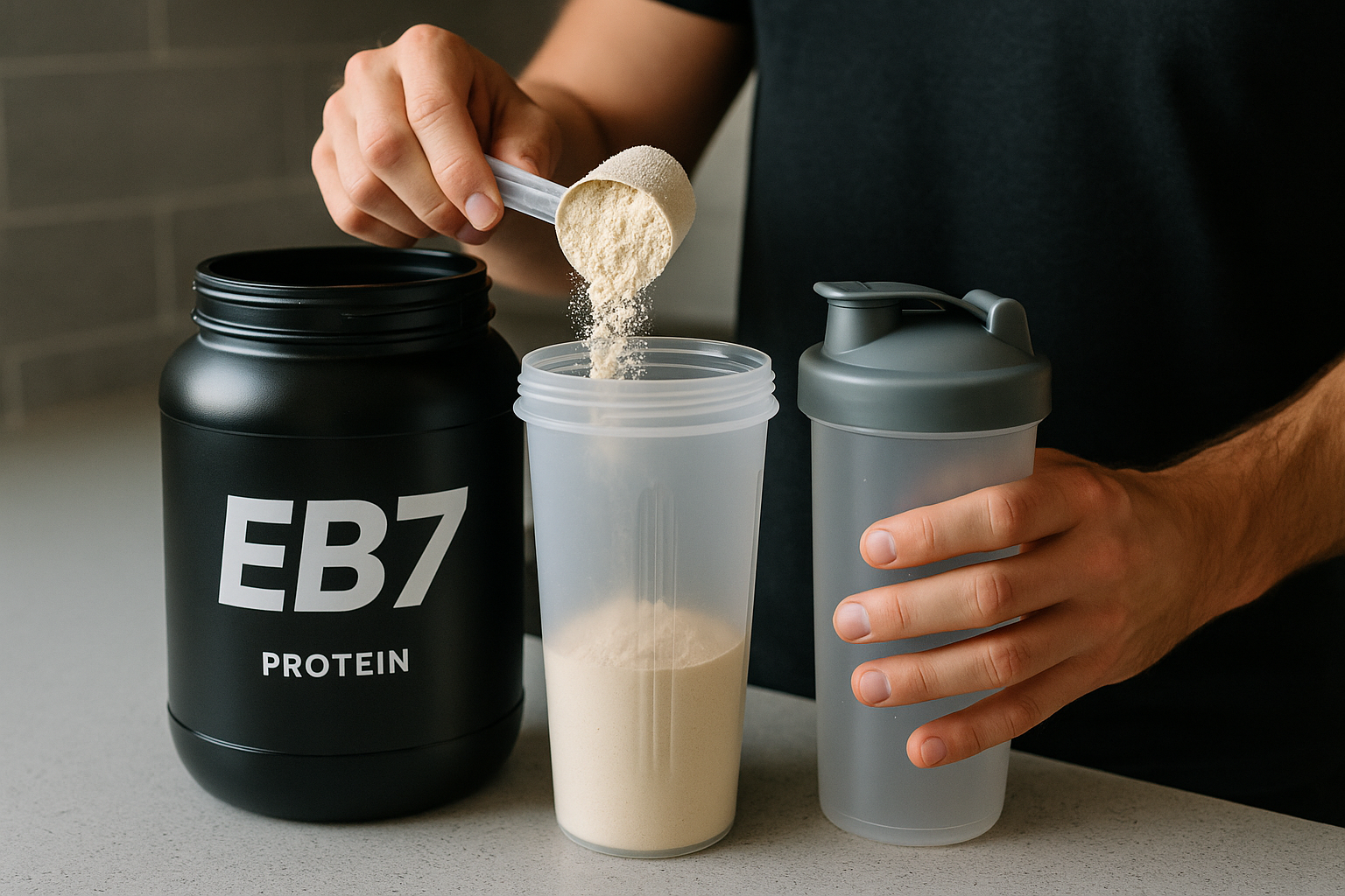 uma pessoa a colocar proteina num copo, sendo que no frasco de proteina tem o meu logotipo "EB/"